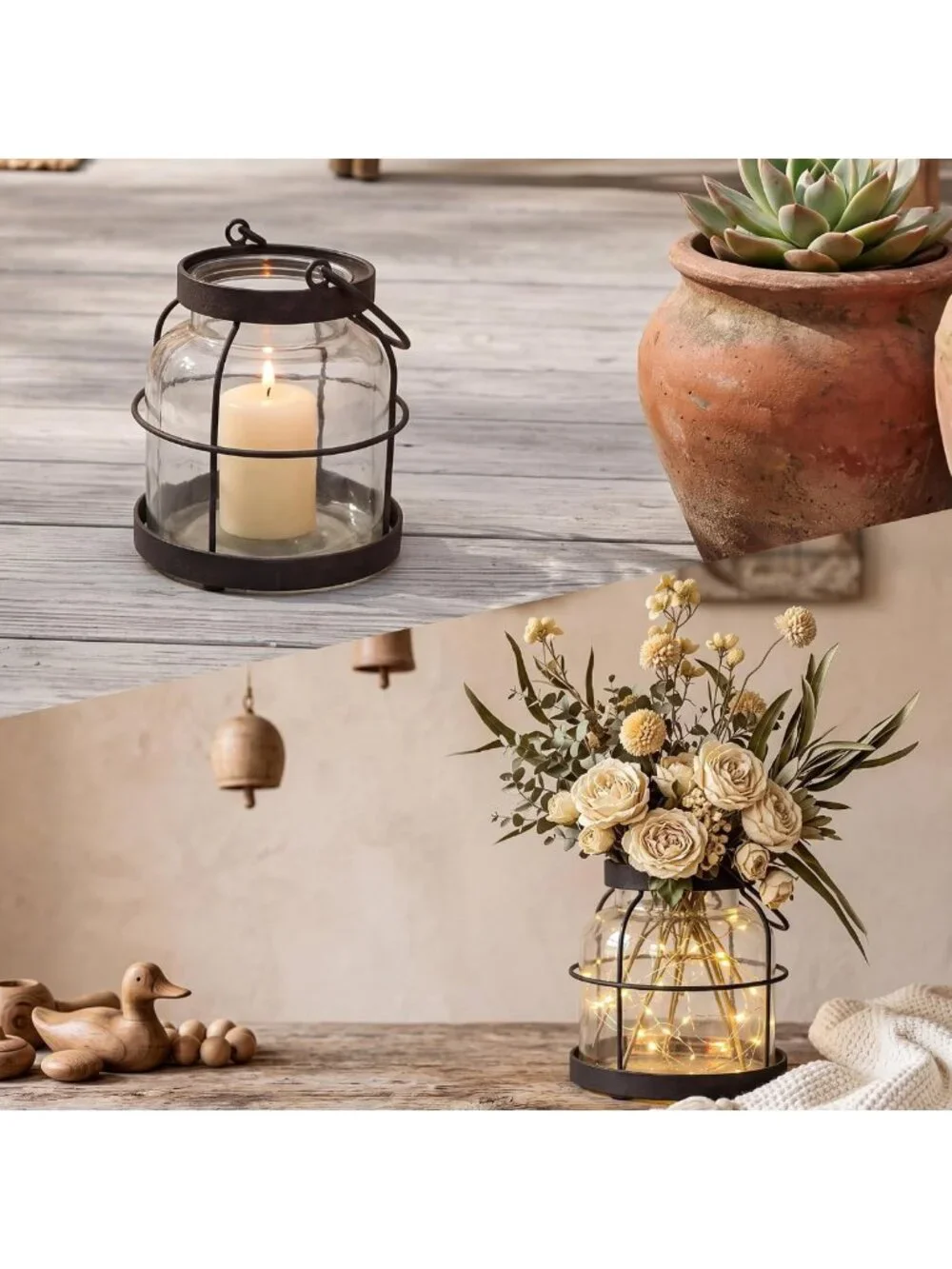 Rustic Vintage Glass Vase for Farmhouse Decor | Decorative Lantern Accent Piece